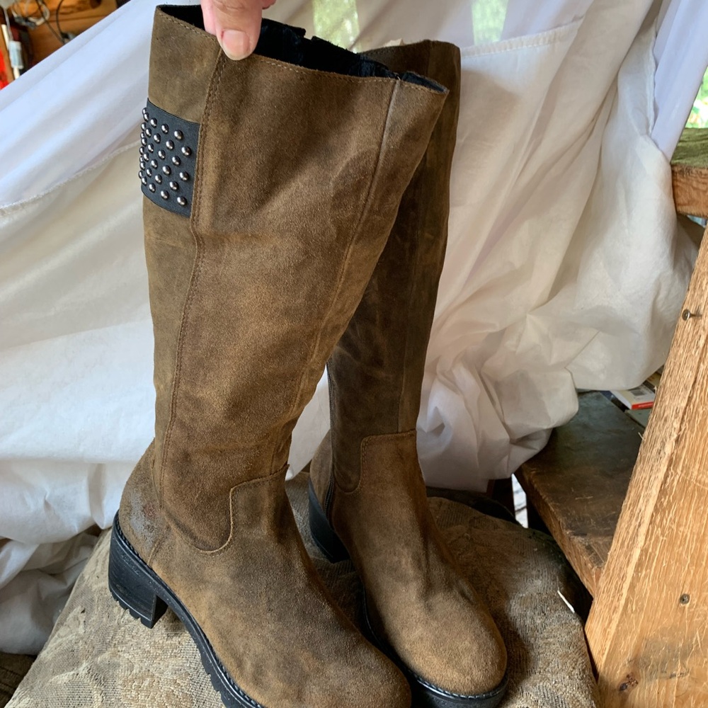 Women's Brown Suede Knee-High Riding Boots with Stud Accent